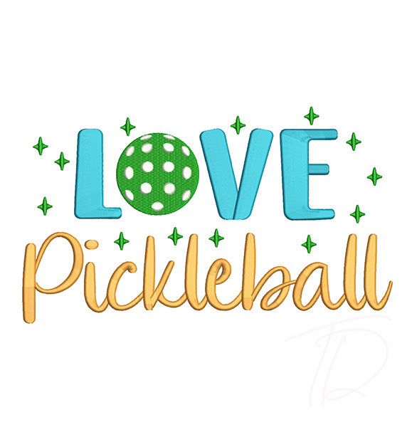 Love Pickleball embroidery design. Pickle ball embroidery.