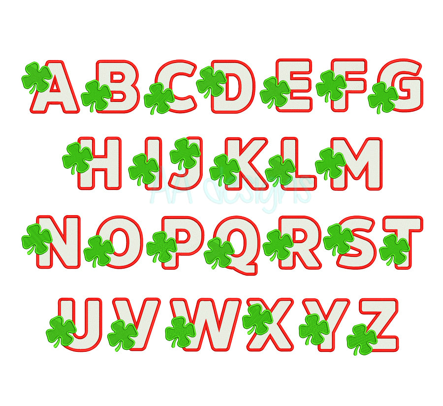 Shamrock embroidery digital font. Embroidery alphabet with shamrock for St Patrick day. BX format