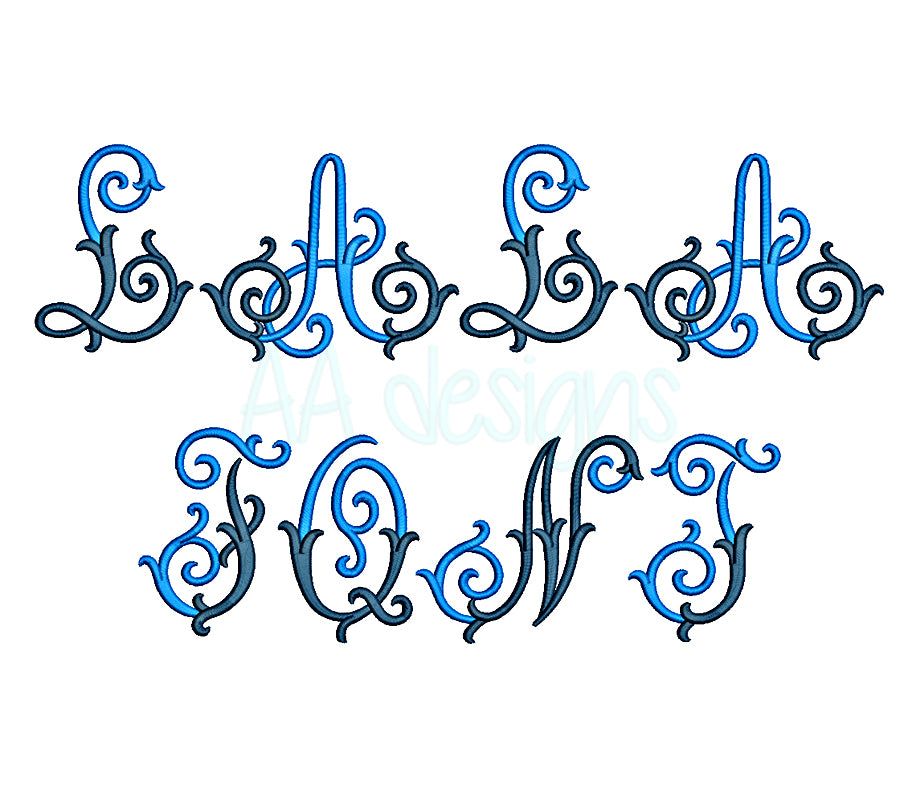 Lala embroidery digital font. Deco embroidery alphabet. BX format