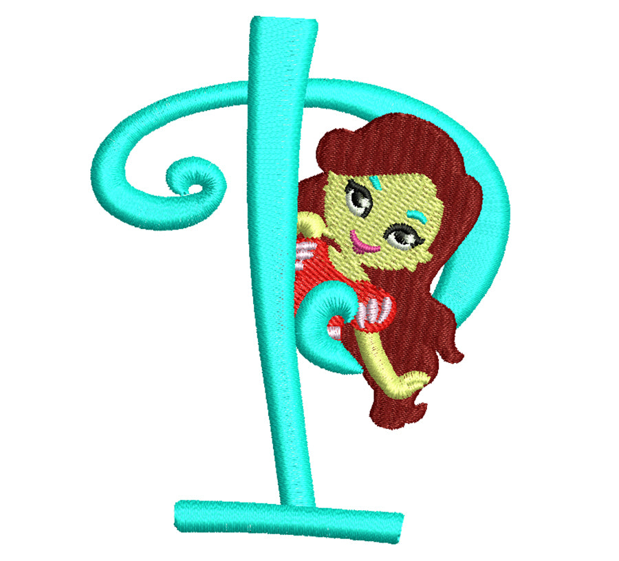 Princess embroidery font for baby girl. Cute embroidery alphabet with princess for cute baby. BX format