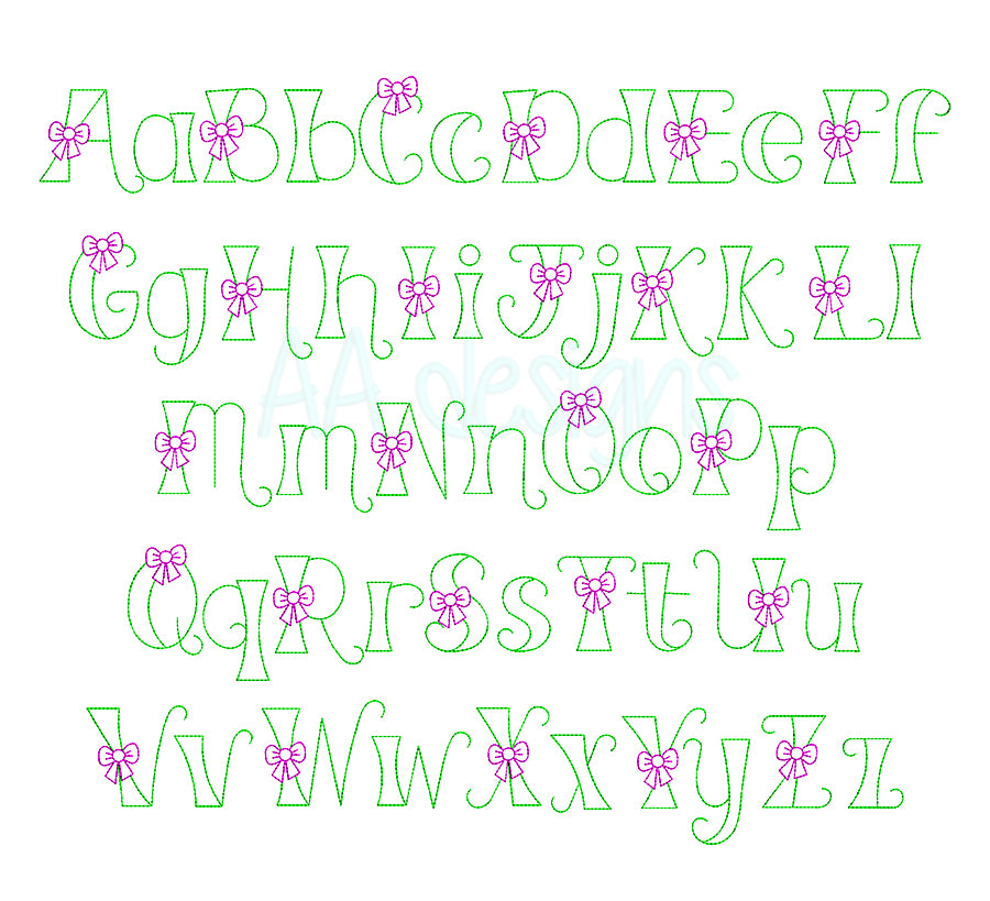 Bow embroidery font. Embroidery alphabet with bowtie. BX format