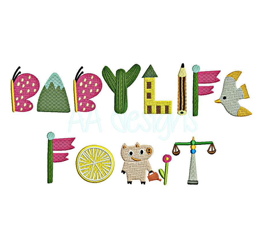 Baby Life embroidery font. Embroidery alphabet for baby. BX format