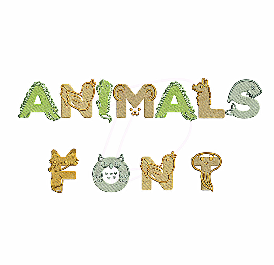 Animals embroidery digital font. Embroidery alphabet with animal for baby. BX format