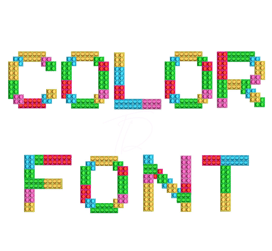 Lego embroidery font. Colorful toy embroidery font. Embroidery alphabet in Lego shape. BX format