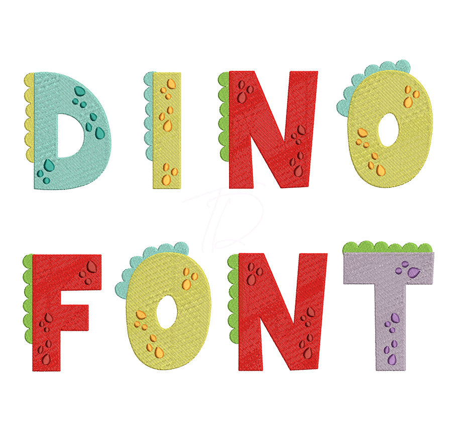 Dino embroidery digital font. Embroidery alphabet for kid/children with dinosaur. BX format