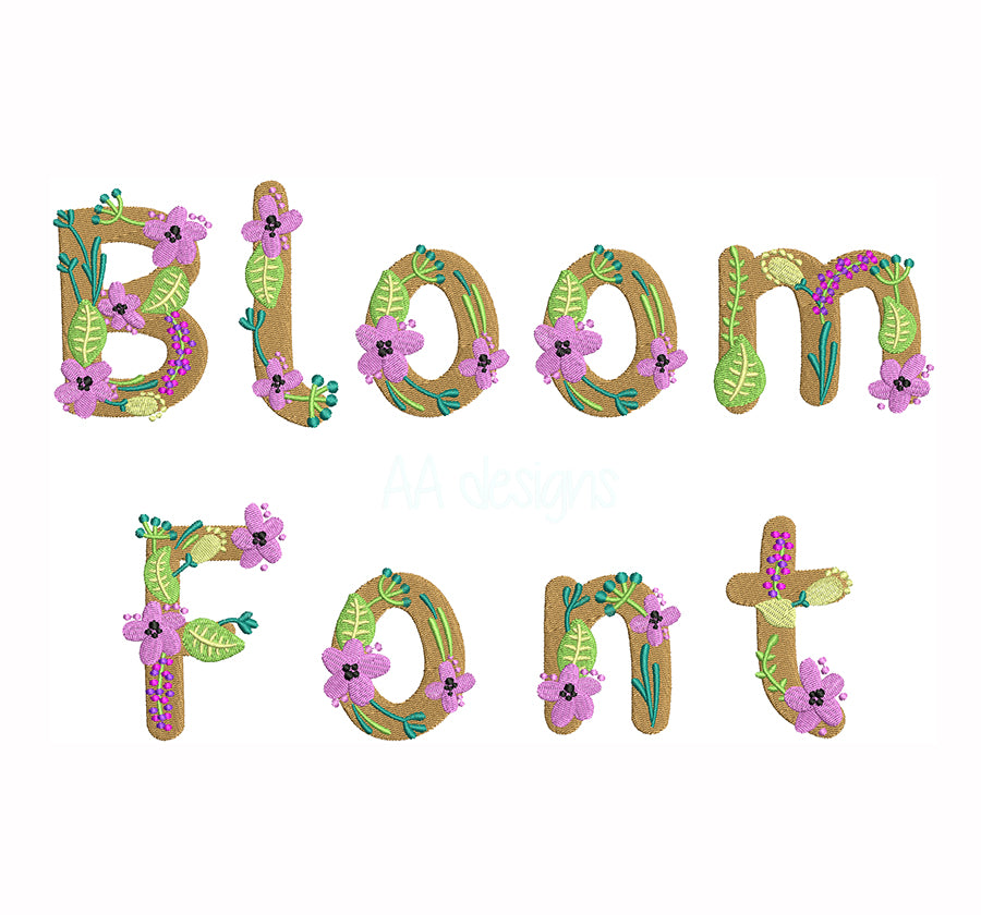 Bloom embroidery digital font. Embroidery alphabet with bloom flowers. BX format