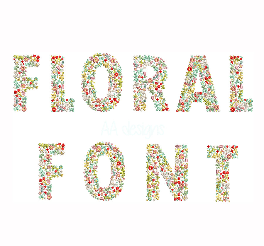 Floral embroidery digital font. Embroidery alphabet with flowers. Floral embroidery letters. BX format