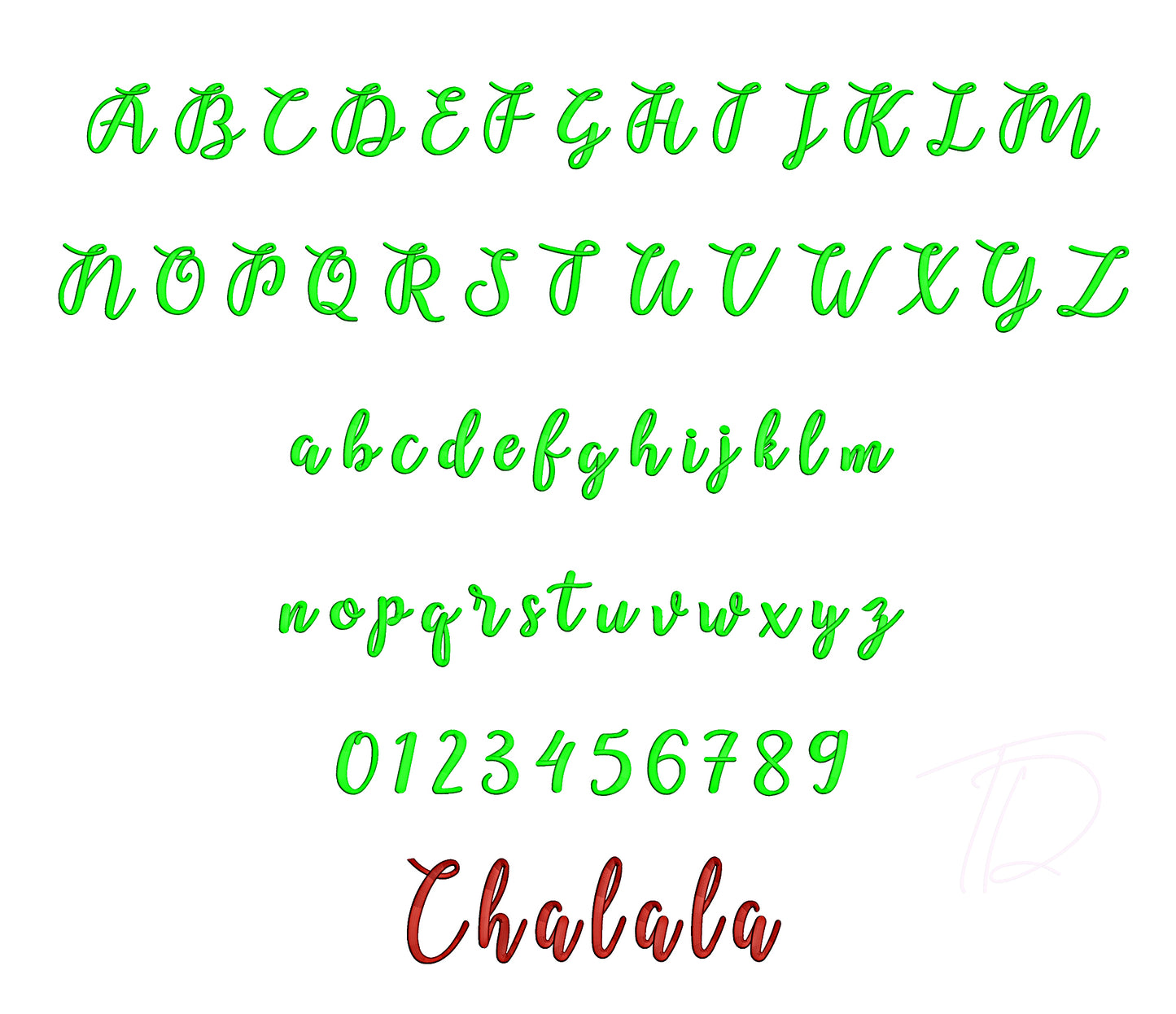 Chalala 3D puff embroidery digital font. Embroidery alphabet with 3D puff foam. BX format