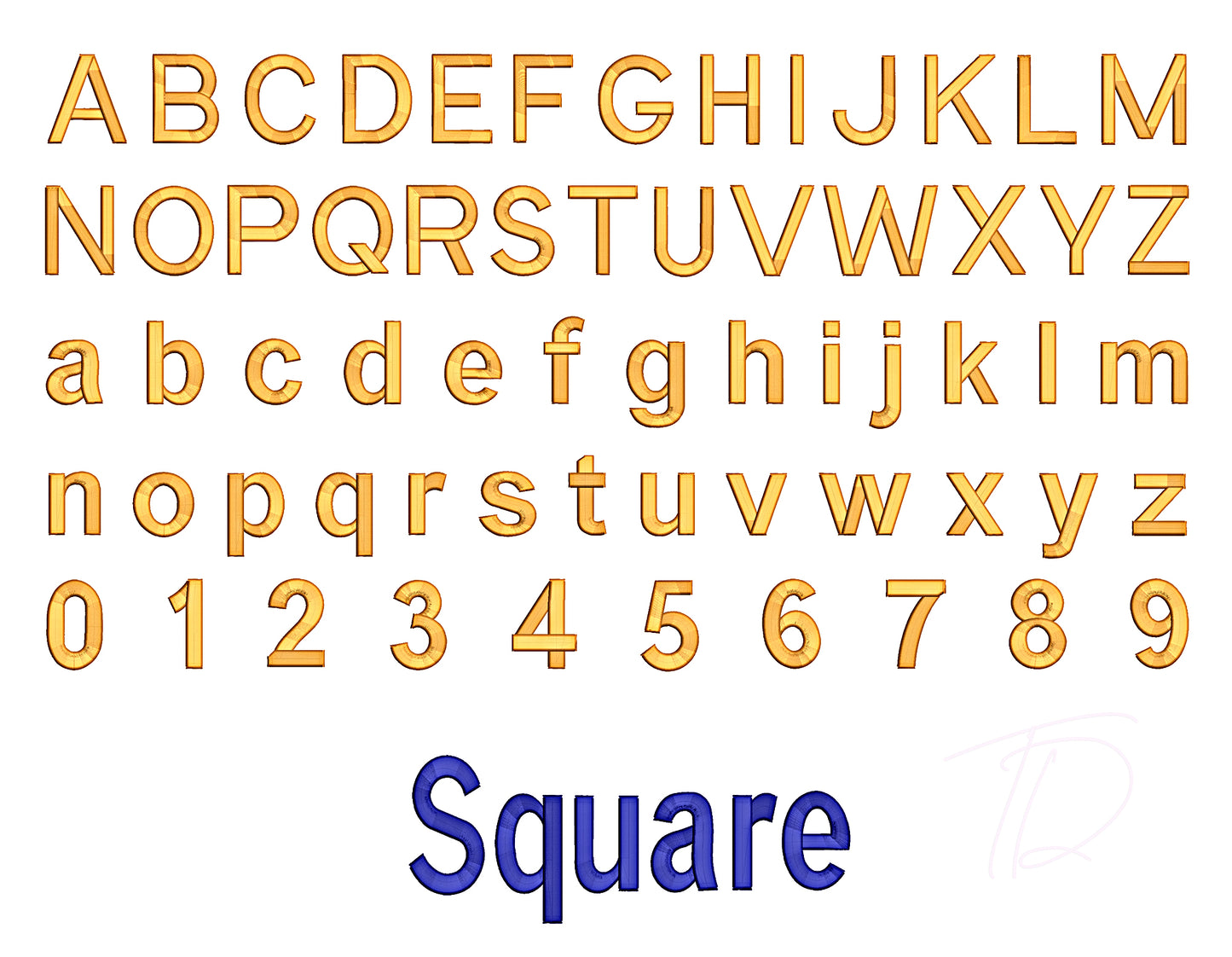 Block 3D font. Square 3D puff embroidery digital font. Block Machine embroidery in 3D puff foam. BX format