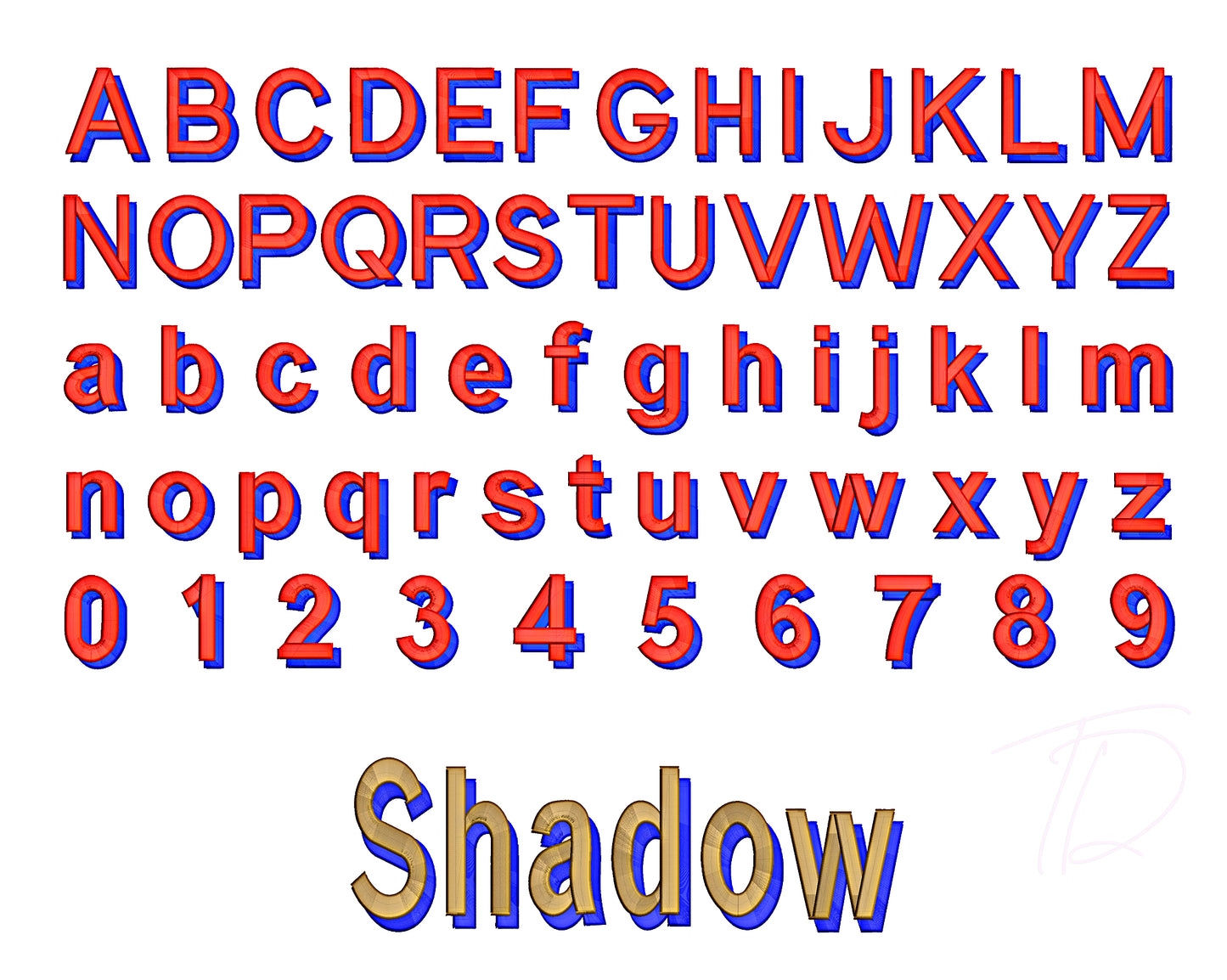 Shadow 3D puff embroidery digital font. Block 3D puff foam embroidery file. BX format