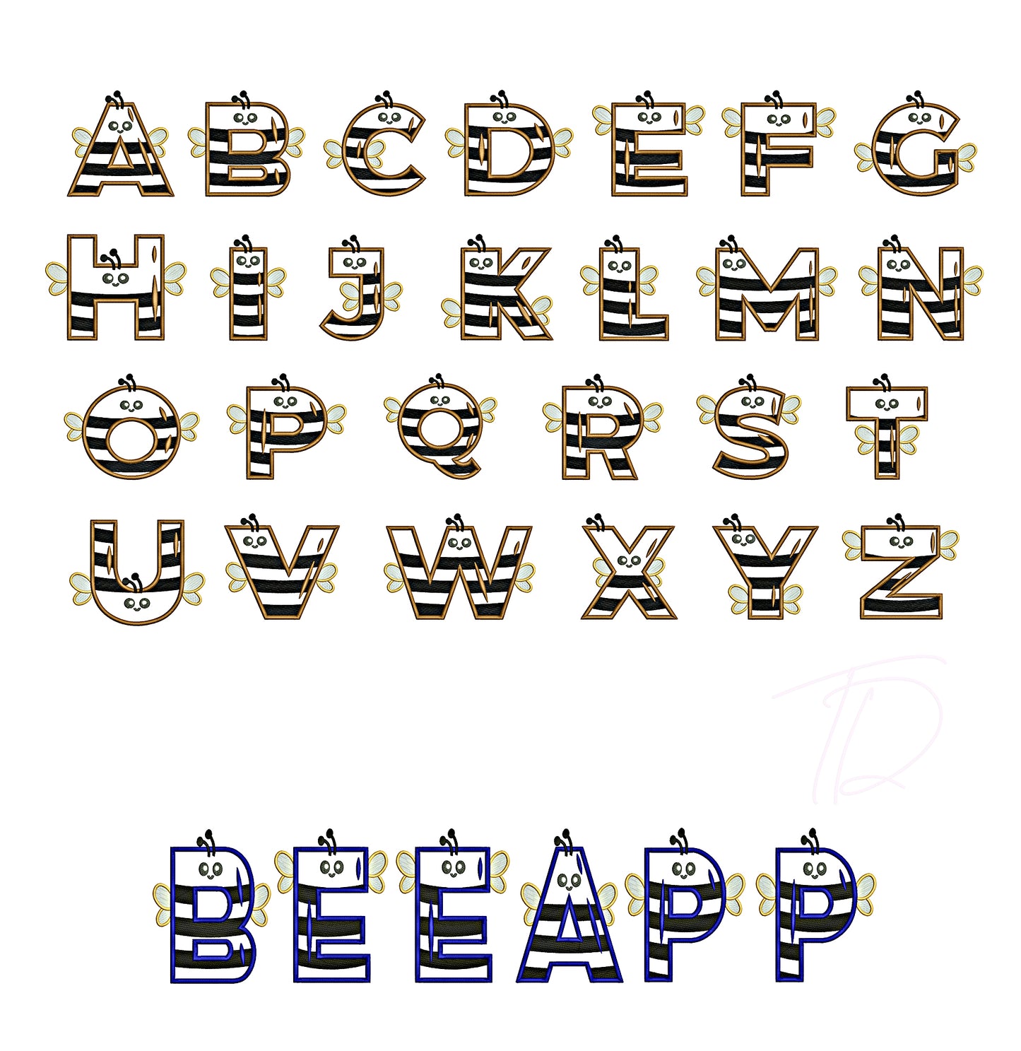 Bee applique embroidery digital font. Machine embroidery alphabet applique with bee. BX format