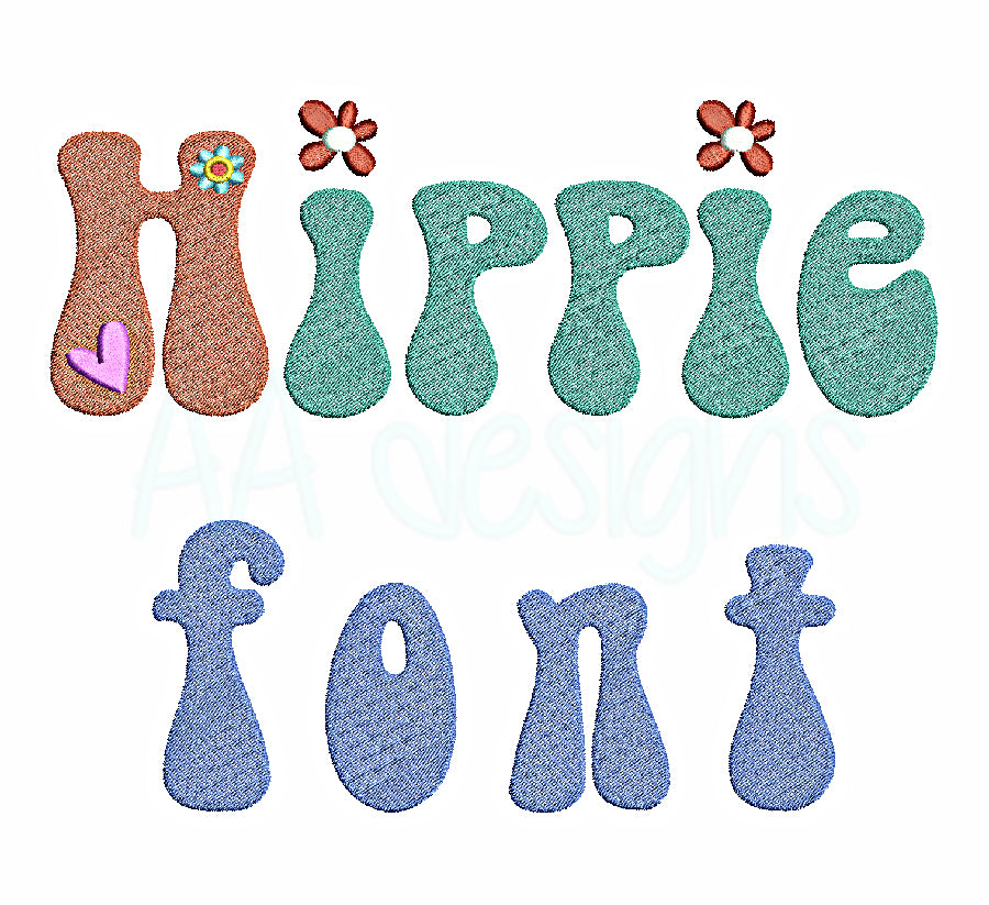 Hippy embroidery font. Full machine embroidery in hippy style. BX format