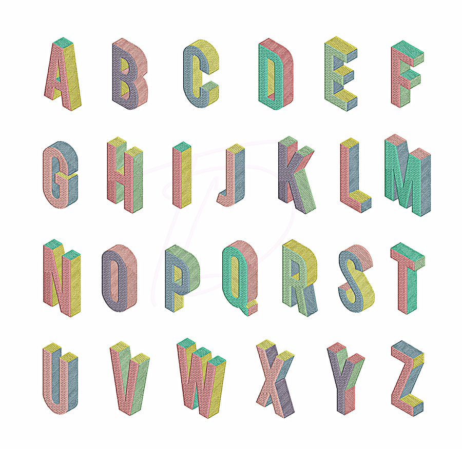 3D embroidery font. Full 3D effect embroidery alphabet.