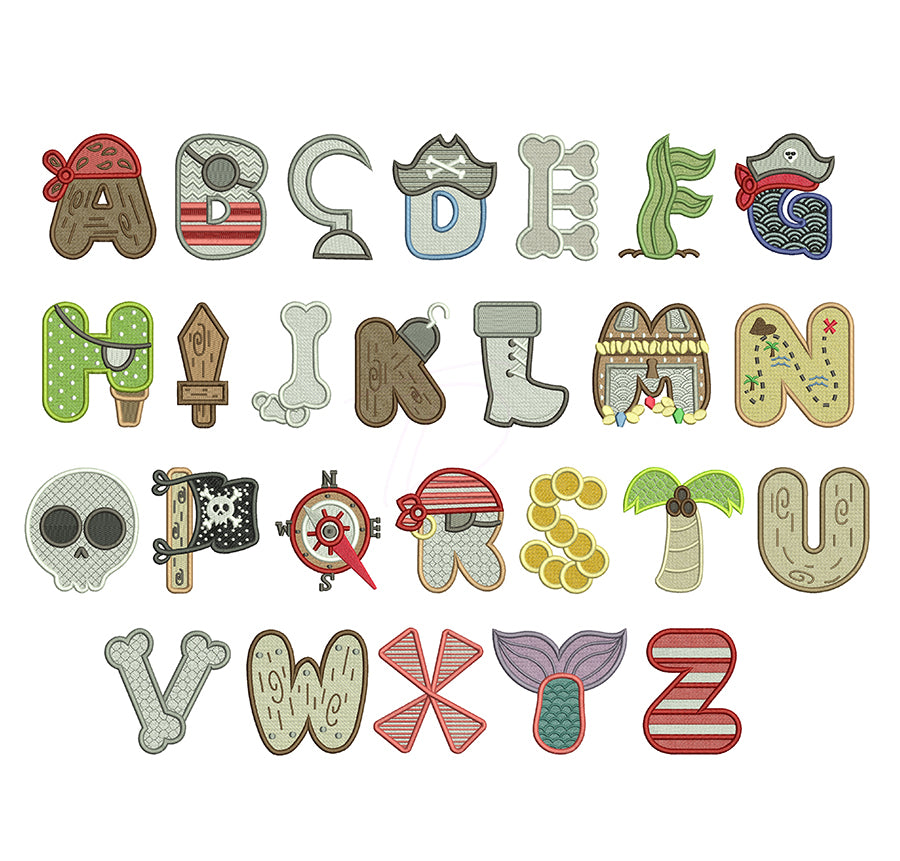 Pirate embroidery font. Full embroidery alphabet.