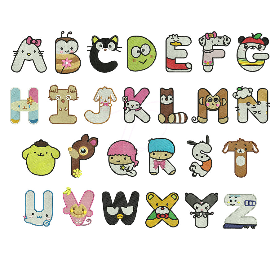 Cute kitty embroidery file font. Embroidery alphabet.