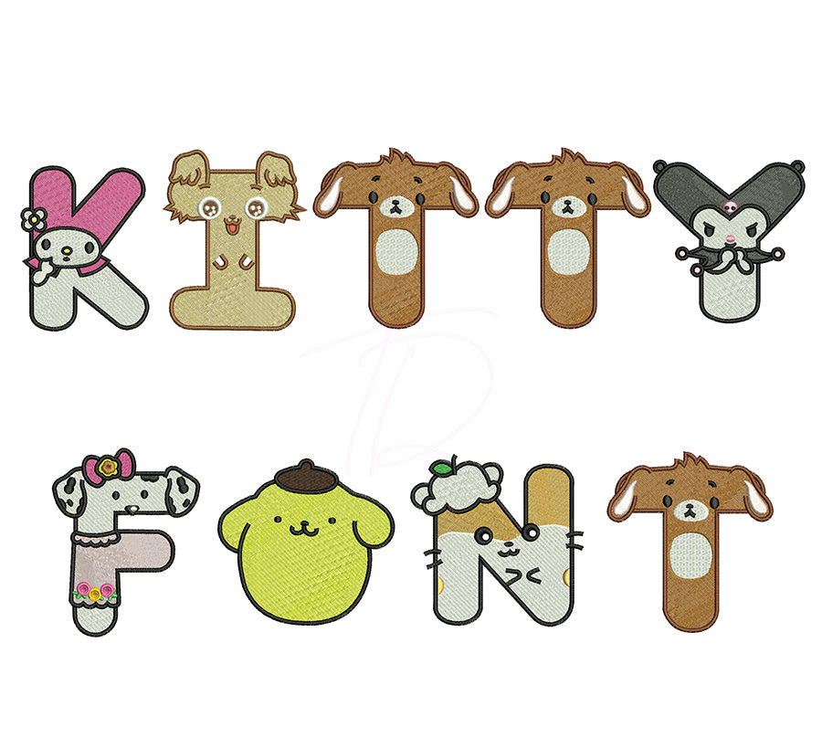 Cute kitty embroidery file font. Embroidery alphabet.