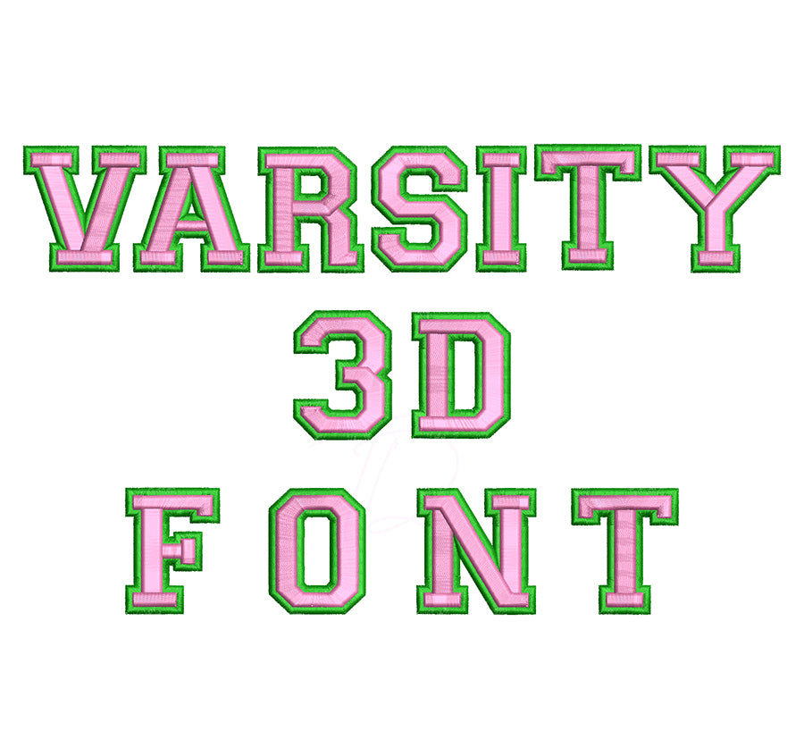 Varsity 3D puff embroidery font. Machine embroidery 3D foam alphabet.