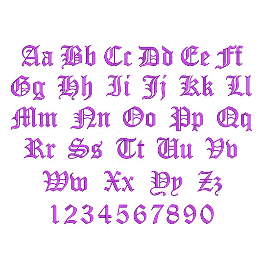 Old English 3D puff embroidery digital font. Machine embroidery alphabet with foam