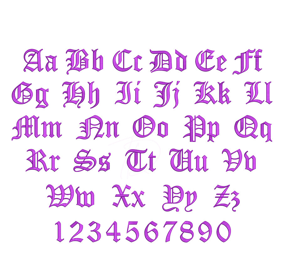 Old English 3D puff embroidery digital font. Machine embroidery 3D puff foam.