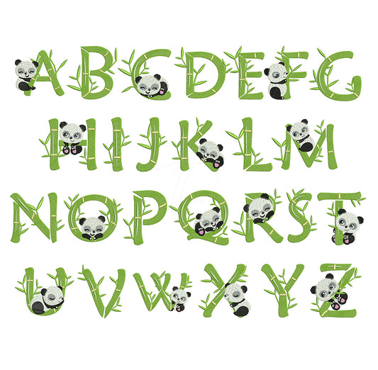 Bamboo Panda embroidery font. Embroidery alphabet with bamboo Panda. Cute font for embroidery.