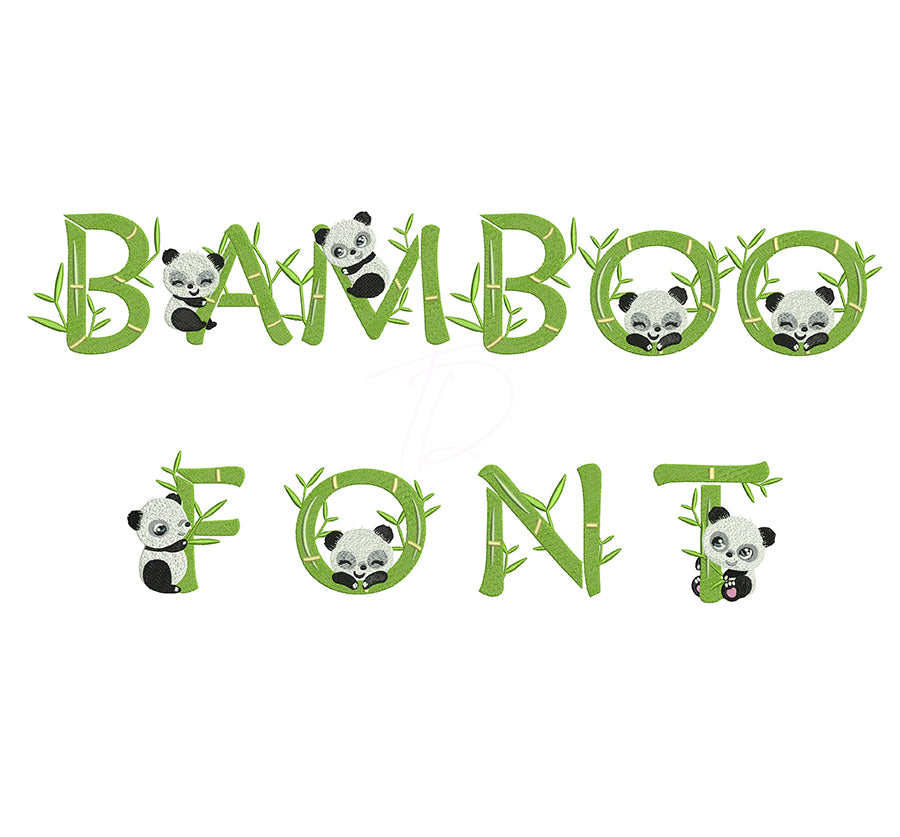 Bamboo Panda embroidery font. Embroidery alphabet with bamboo Panda. Cute font for embroidery.