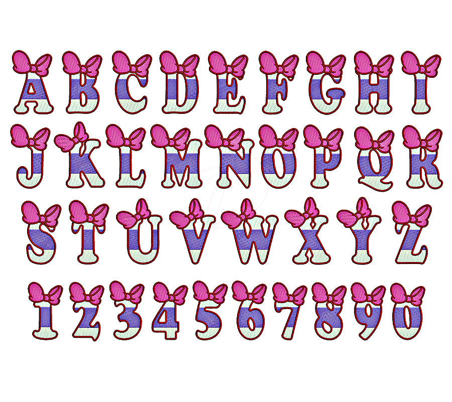 Minnie mouse embroidery font. Embroidery alphabet with bow font.