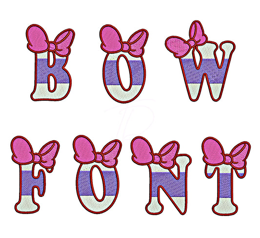 Minnie mouse embroidery font. Embroidery alphabet with bow font.