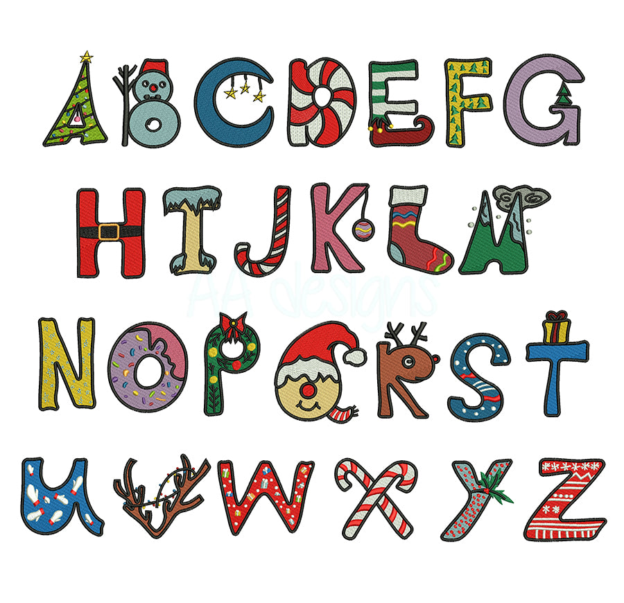 Xmas cute embroidery font. Embroidery alphabet for Christmas. BX format