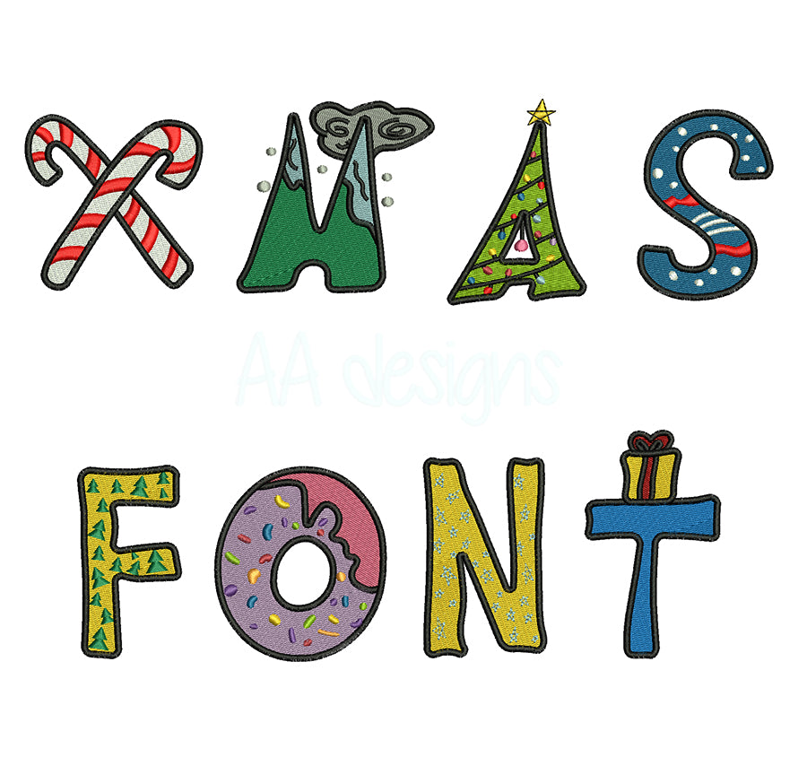 Xmas cute embroidery font. Embroidery alphabet for Christmas. BX format