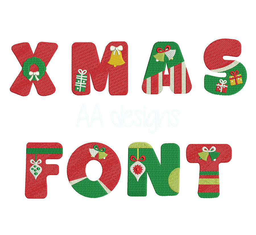 Christmas embroidery font. Embroidery digital file for Christmas alphbbet.