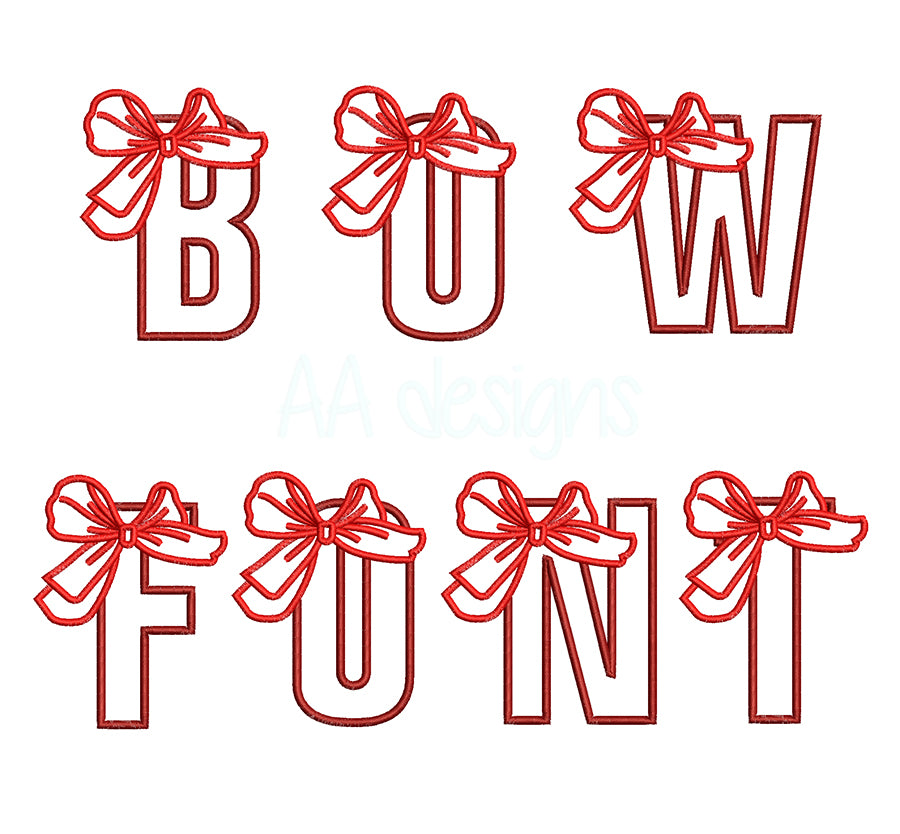 Bow Applique embroidery digital font. Applique embroidery font with cute bow.