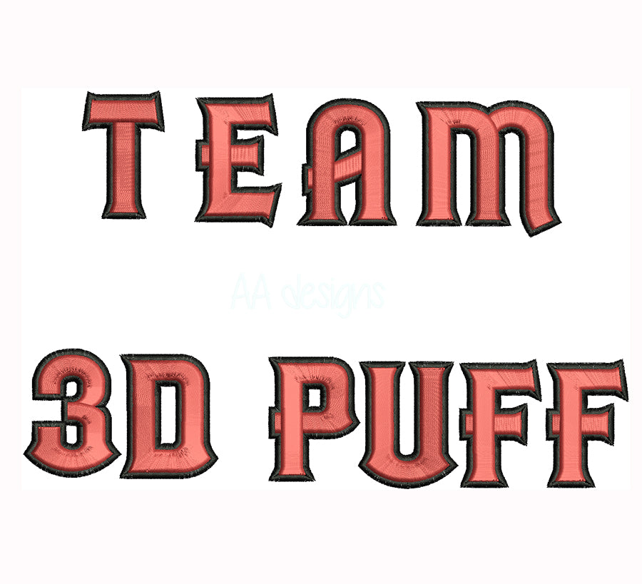 Team 3D puff embroidery digital font. Machine embroidery alphabet with foam. BX format included