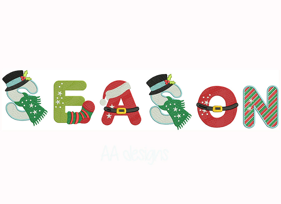 Christmas Season embroidery font. Machine embroidery alphabet for Xmas Season.