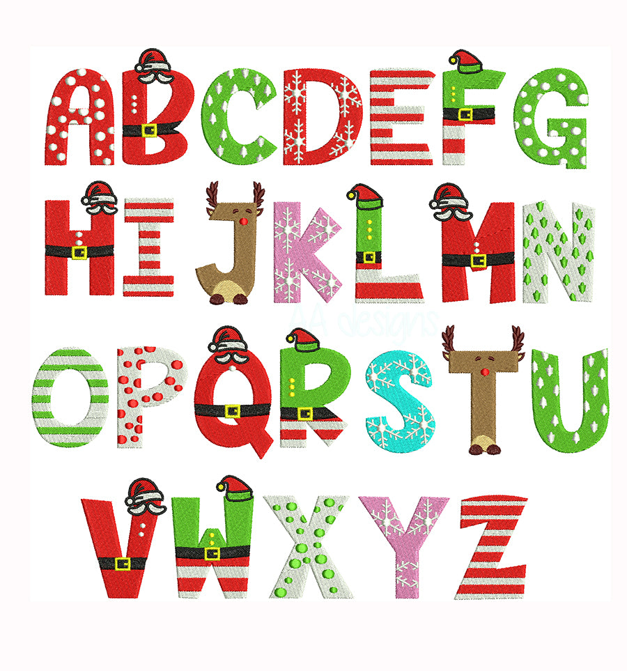 Santa embroidery font. Machine embroidery alphabet for Christmas season.