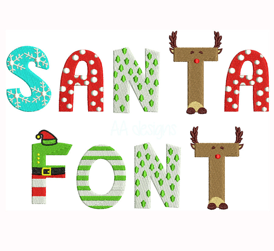 Santa embroidery font. Machine embroidery alphabet for Christmas season.