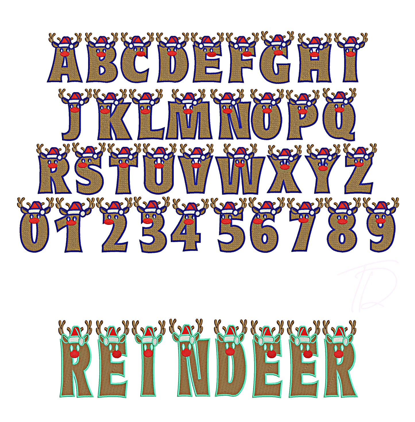 Reindeer embroidery font. Machine embroidery alphabet for Christmas.