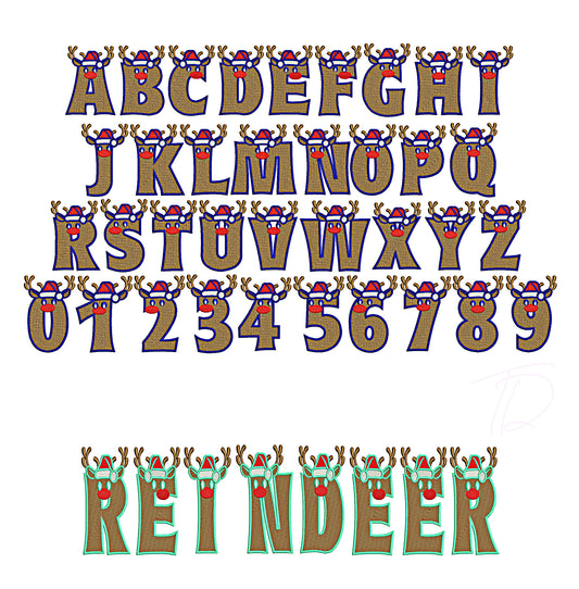 Reindeer embroidery font. Machine embroidery alphabet for Christmas.