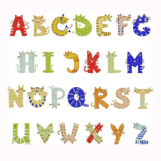 Cute kitty embroidery digital font. Kitty embroidery alphabet for kid.