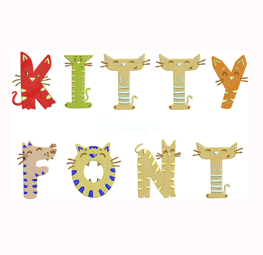 Cute kitty embroidery digital font. Kitty embroidery alphabet for kid.