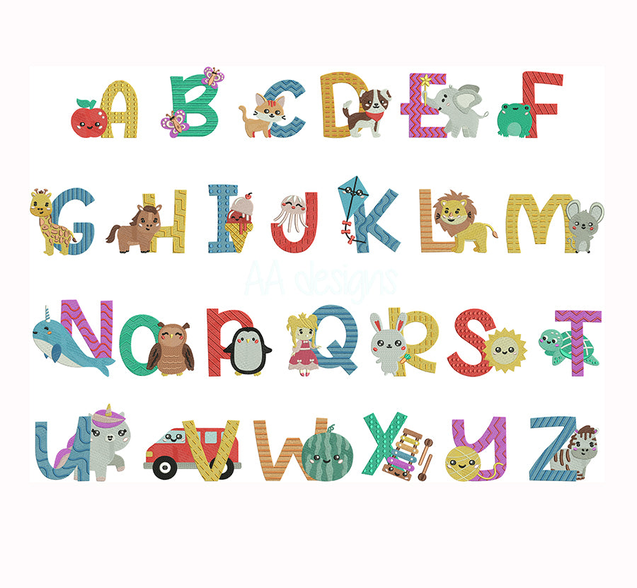 Animal embroidery digital font. Machine embroidery alphabet for baby.