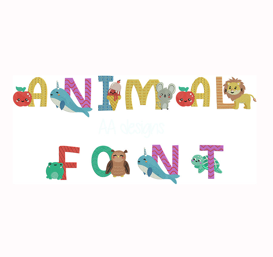 Animal embroidery digital font. Machine embroidery alphabet for baby.