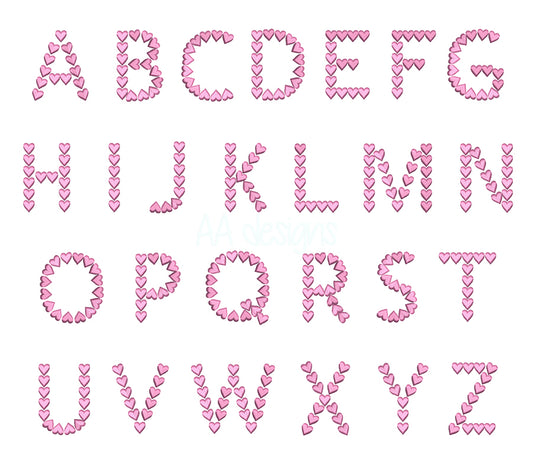 Heart3D puff embroidery digital font. 3D foam embroidery alphabet. BX format