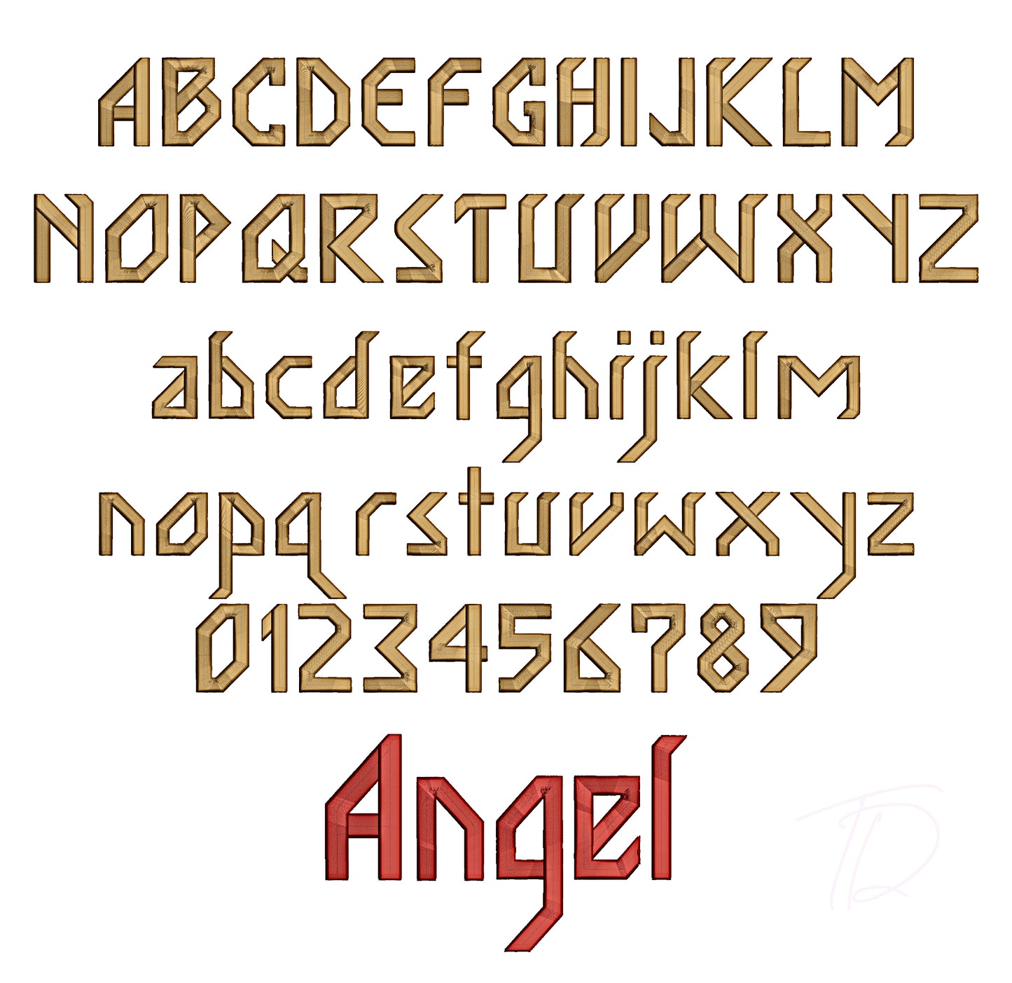 Angel 3D puff embroidery digital font. 3D puff foam embroidery alphabet. BX format