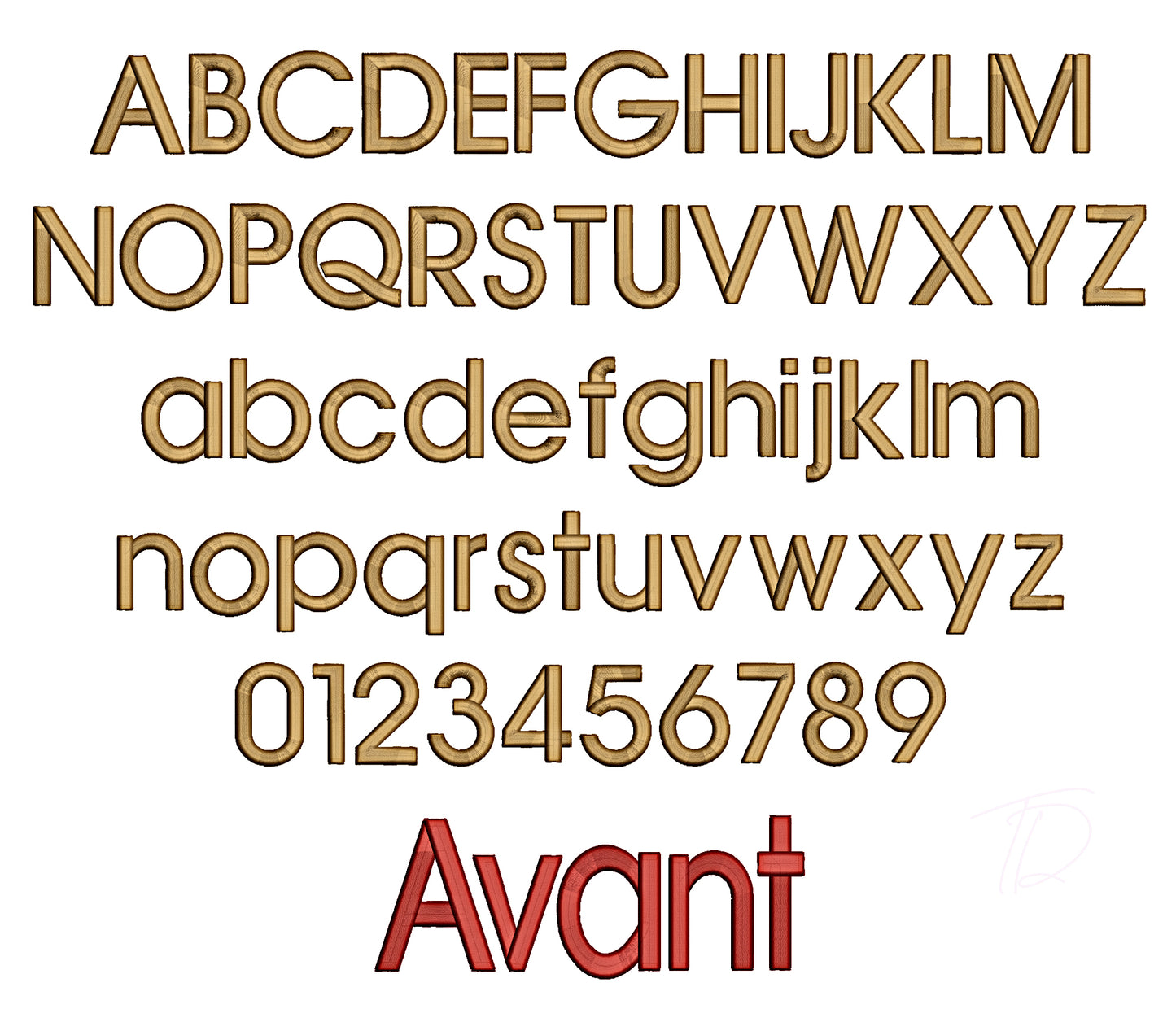 Avant 3D puff embroidery digital font. 3D puff embroidery alphabet. BX format