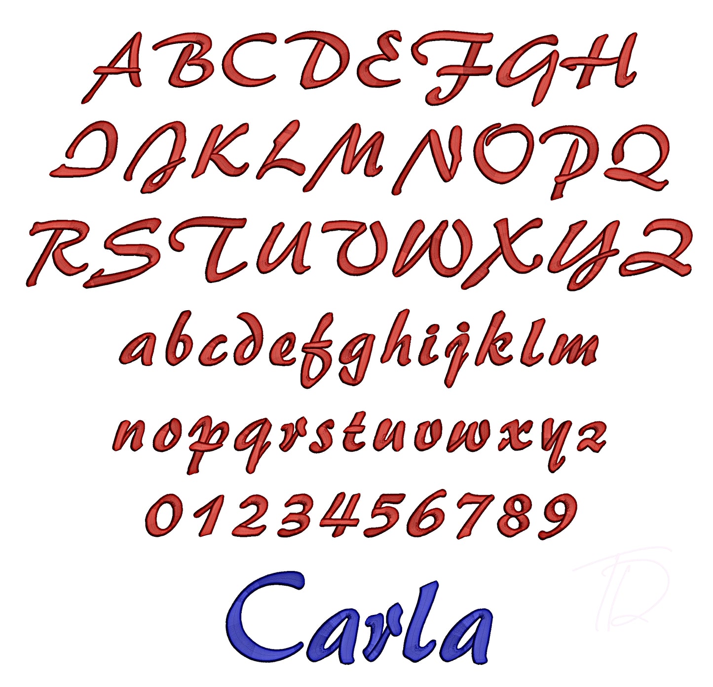 Carla 3D puff embroidery digital font. 3D foam embroidery alphabet. BX format