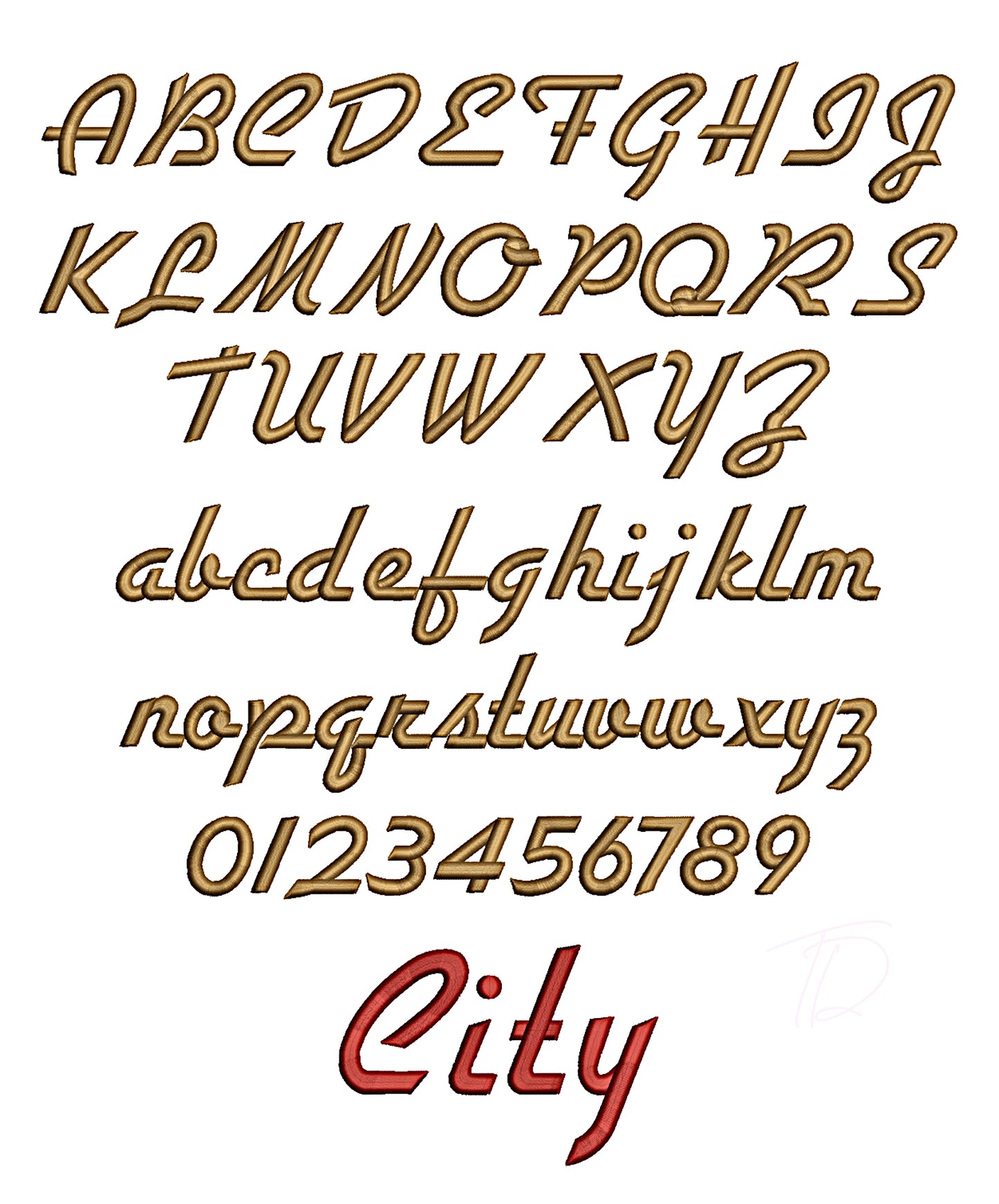 City 3D puff embroidery digital font. Machine embroidery 3D alphabet with foam. BX format