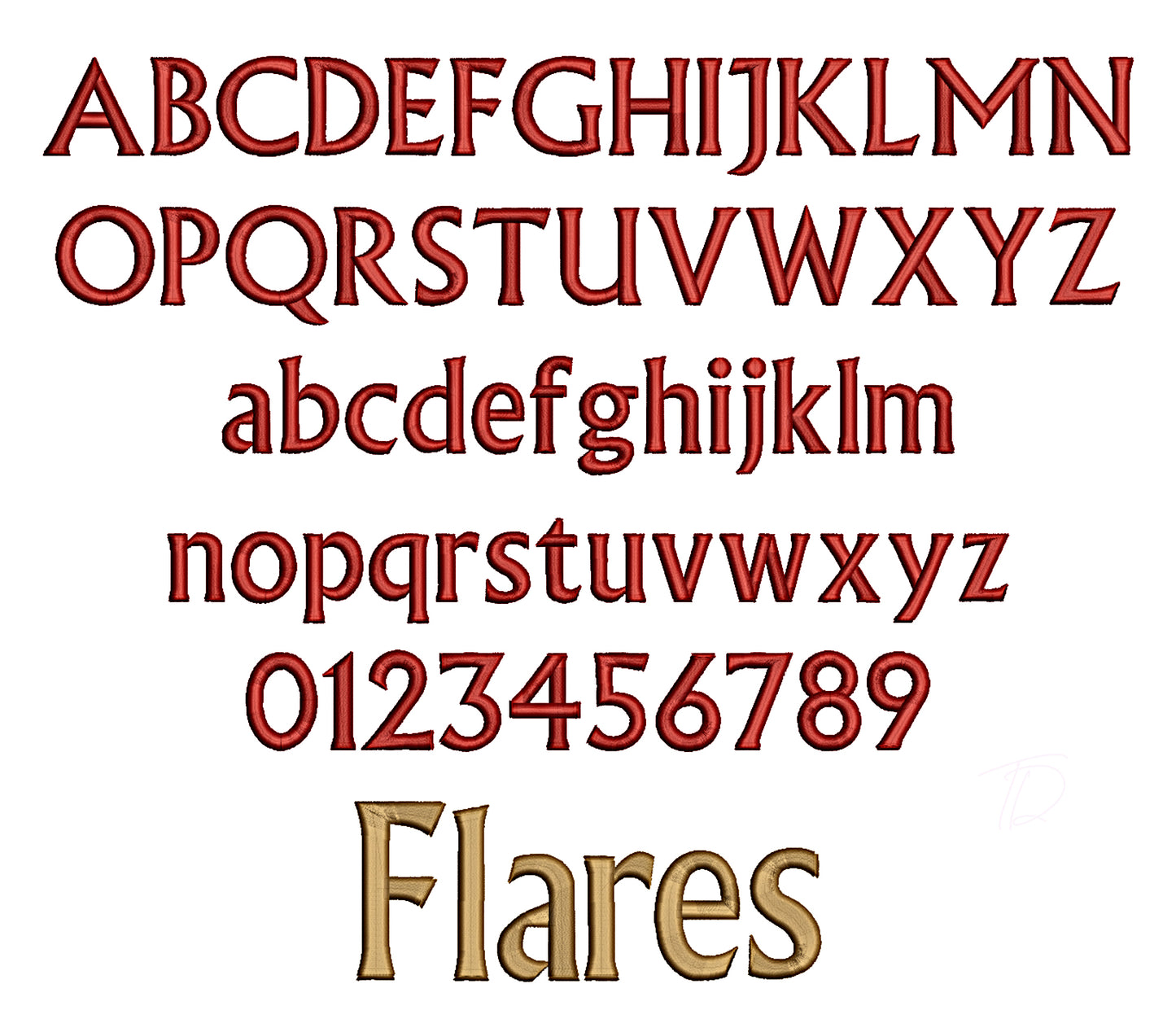 Flare 3D puff embroidery font. Machine embroidery alphabet with foam. BX format