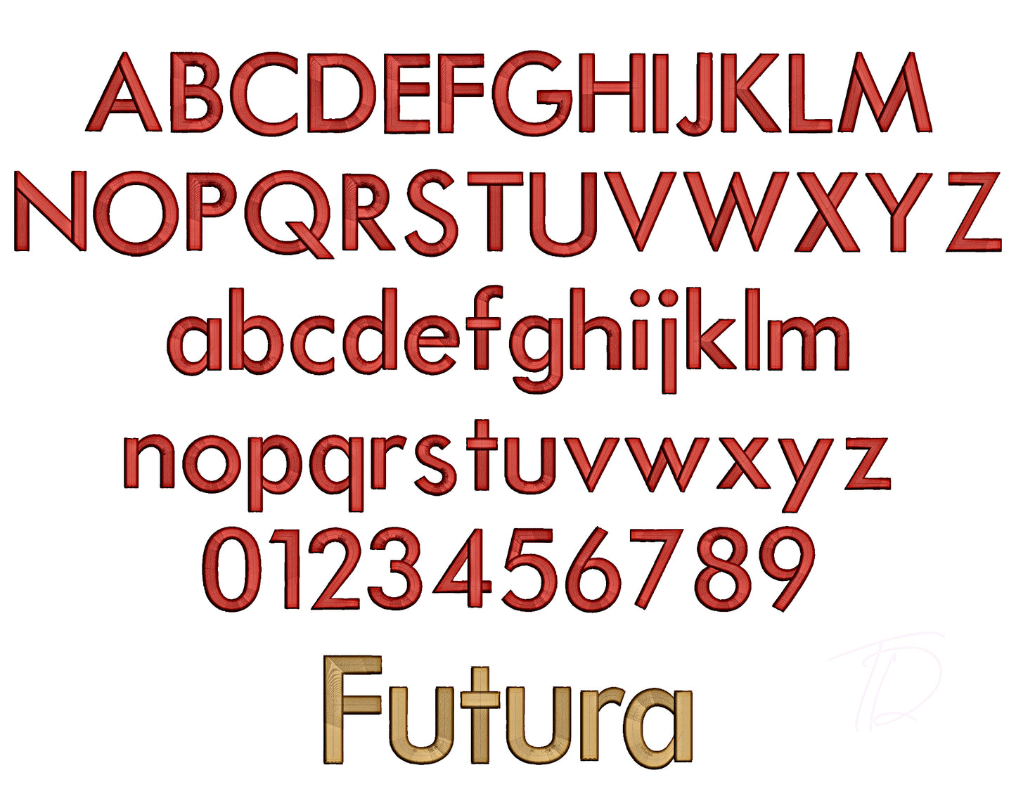 Futura 3D puff embroidery font. Machine embroidery alphabet with foam. BX format