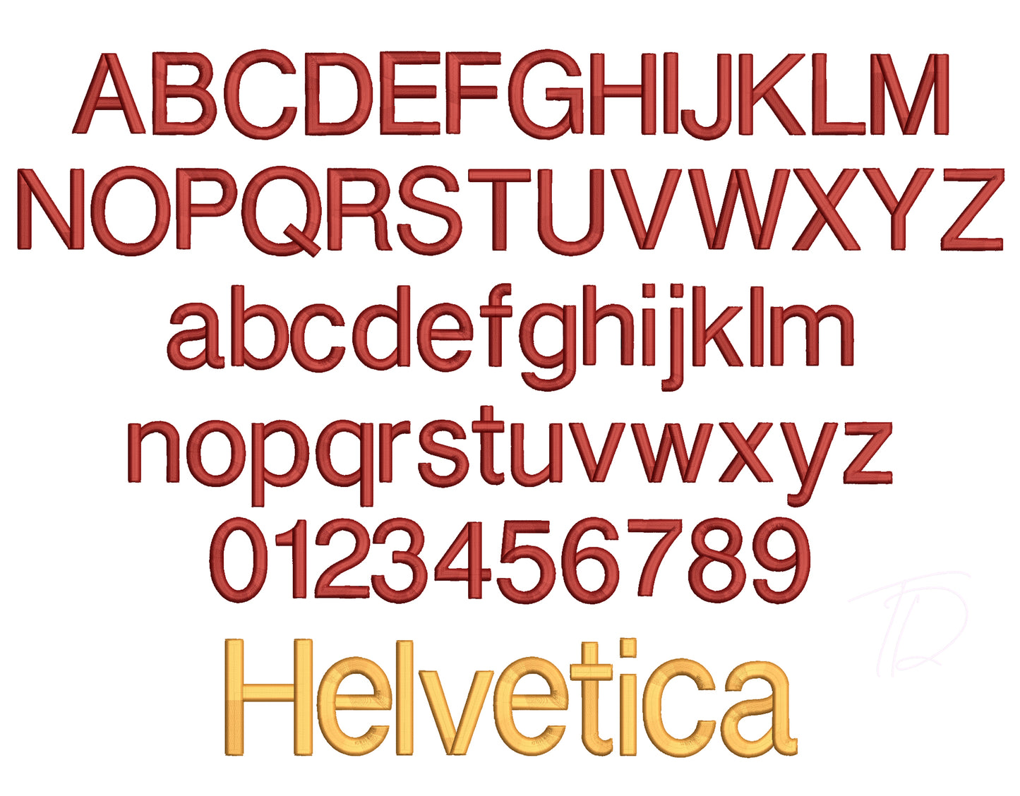 Helvetica 3D puff embroidery digital font. Machine embroidery alphabet with 3D foam. BX fomat