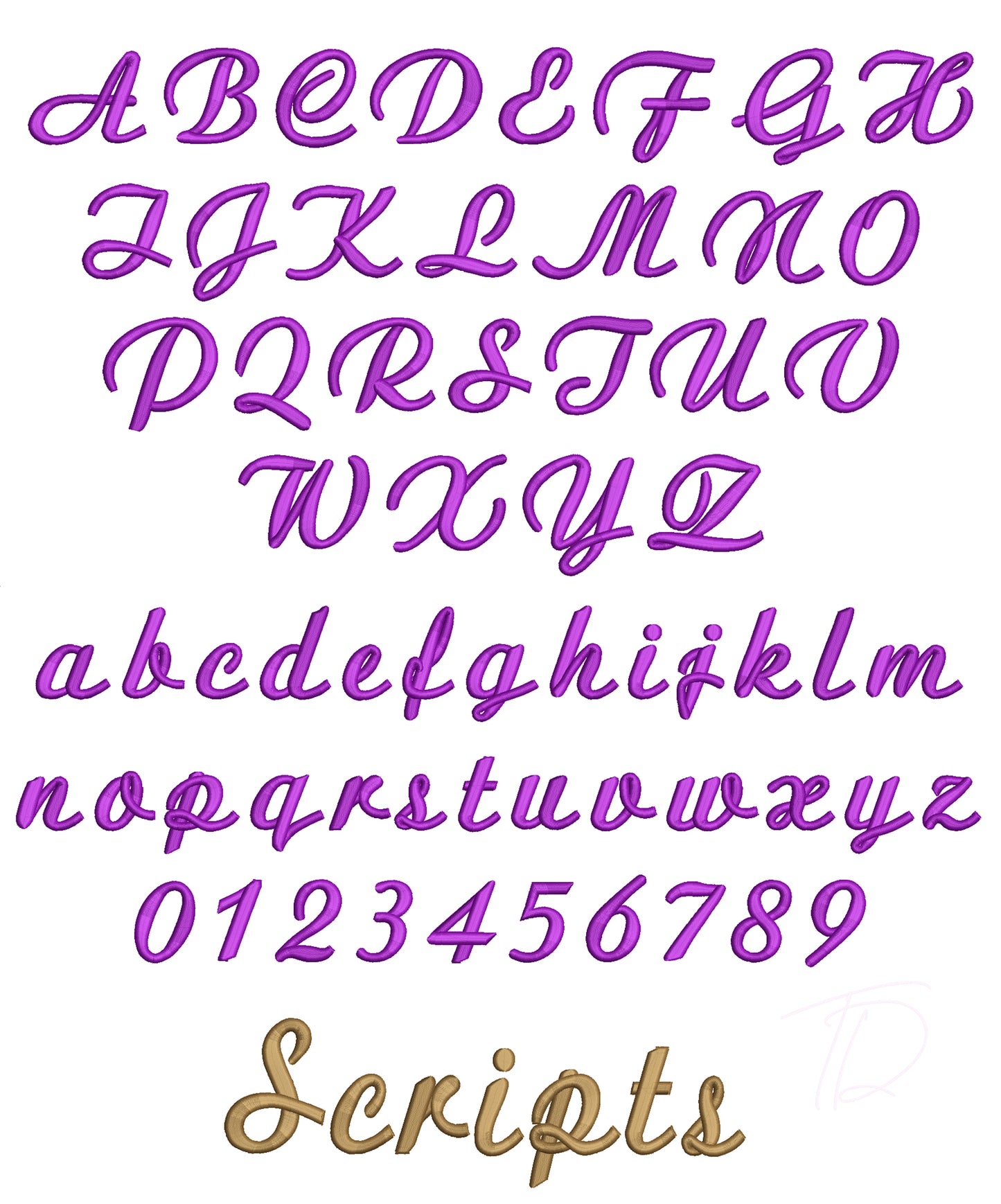 Script 3D puff embroidery digital font. Machine embroidery 3D with foam alphabet. BX format